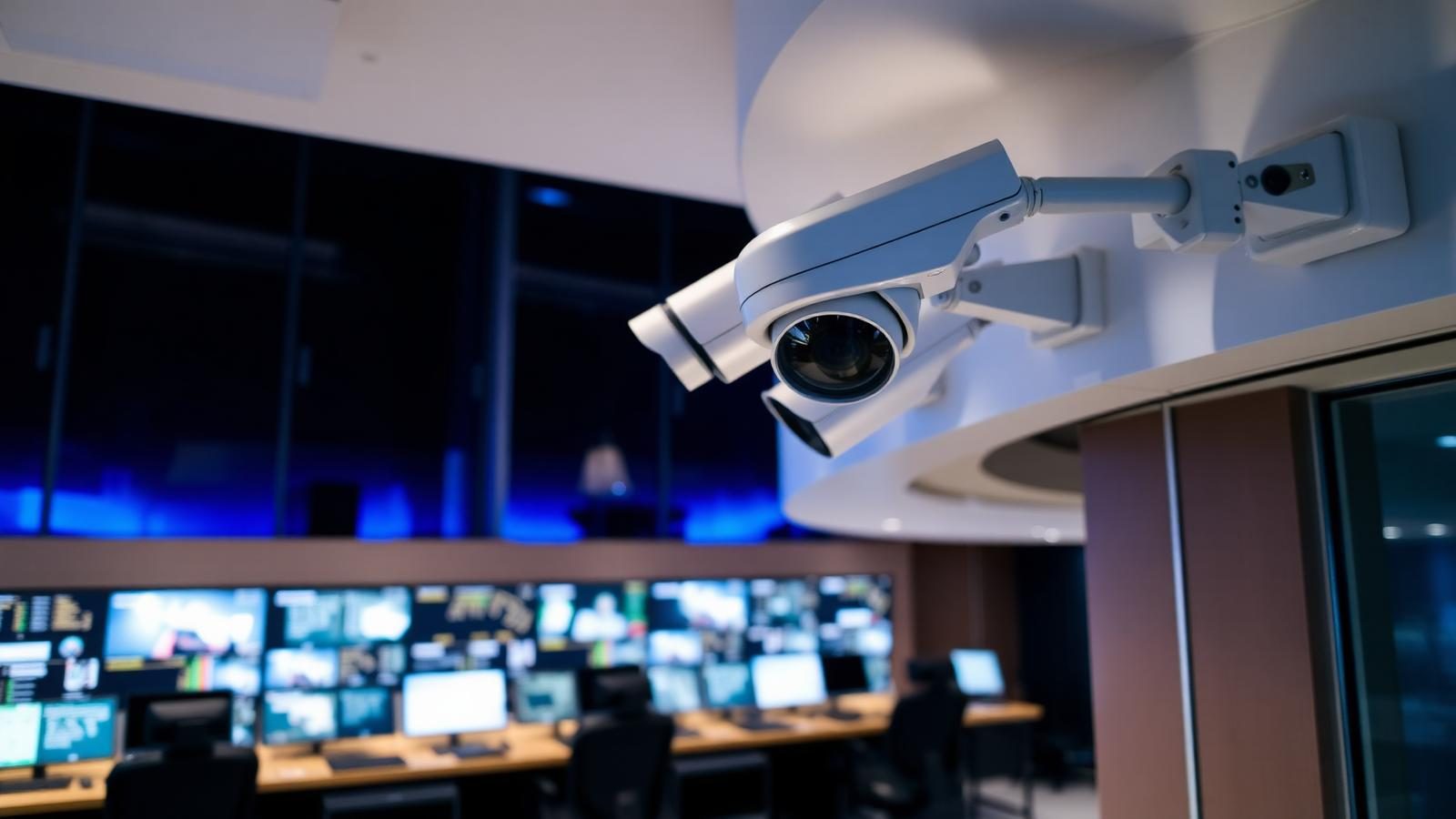 Technician installing an IP CCTV camera on an office wall