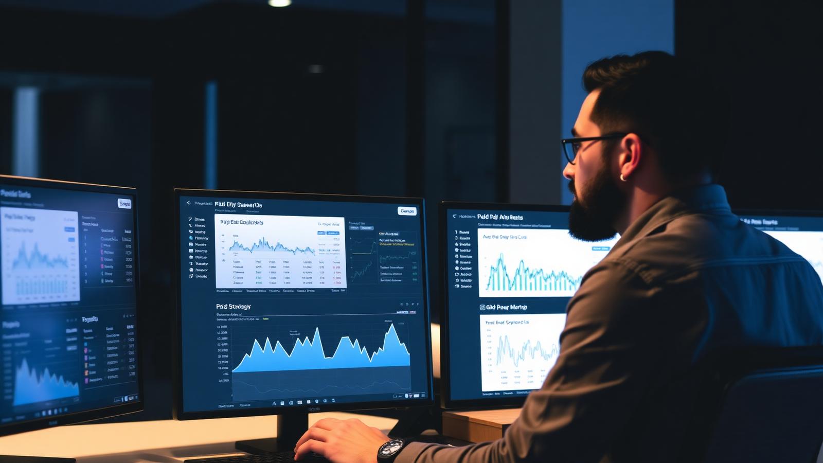 Digital marketer managing Google Ads and paid search campaign dashboards