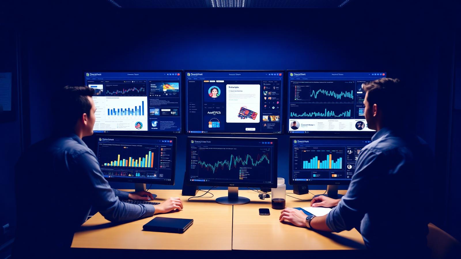 Social media marketing team managing content and analytics dashboards