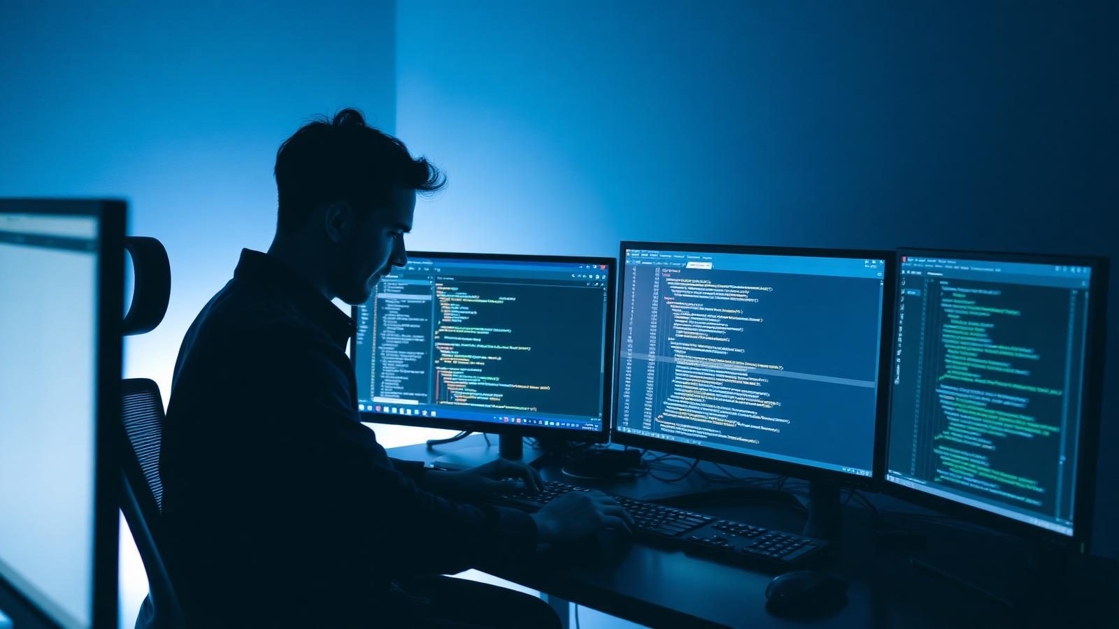 Software developers writing code on multi-monitor workstation